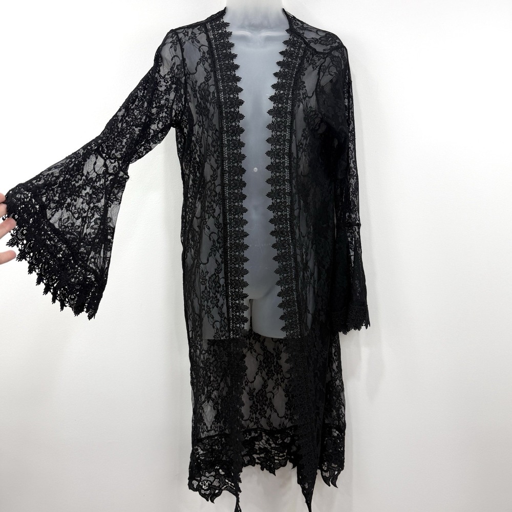 Polly & Esther Black Lace Duster Cardigan M Whimsigoth Fairy Grunge Witchy Sheer